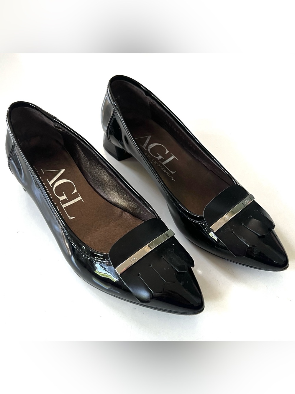 AGL Black Patent Leather Kitten Heel Pumps Size 36.5 Made in Italy